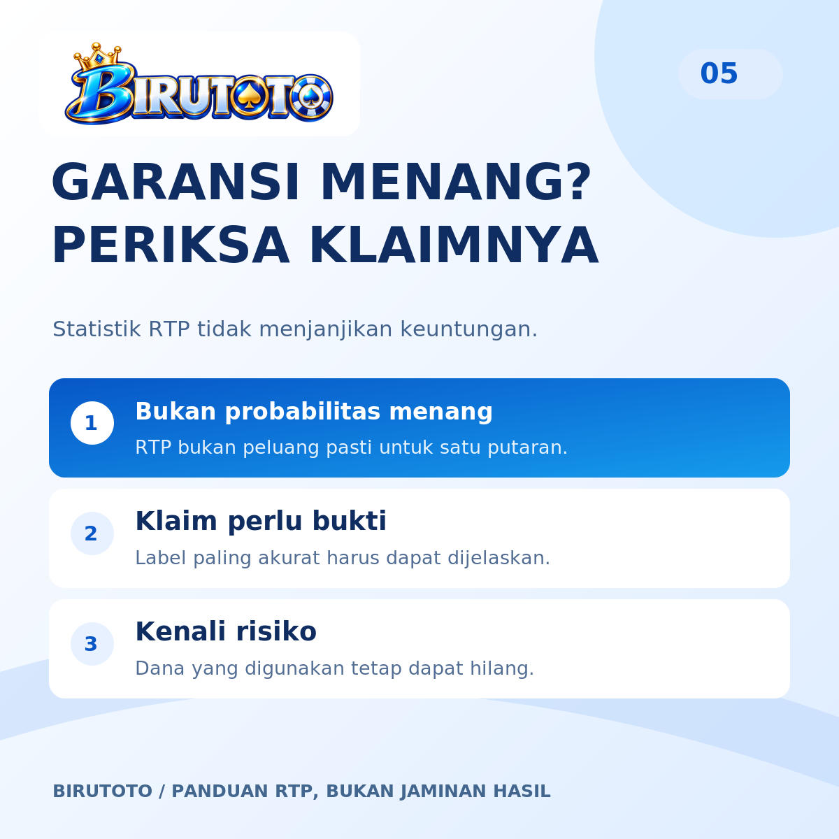 Panel BIRUTOTO yang menjelaskan bahwa RTP slot bukan garansi menang dan klaim akurasi perlu bukti